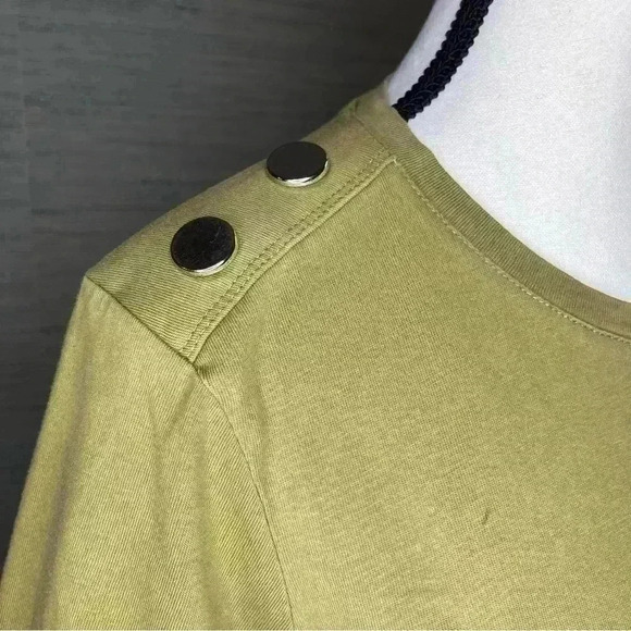 Zara Top Womens Large Short Sleeve Olive Green Metal Shoulder Detail Army Button - Picture 2 of 8